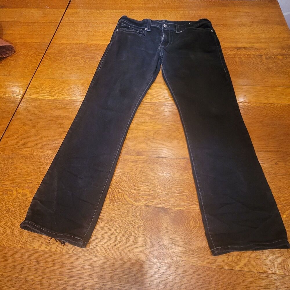 TRUE RELIGION Ricky Relaxed Straight Jeans 34 x 30 Black Zip Fly Stretch Flap